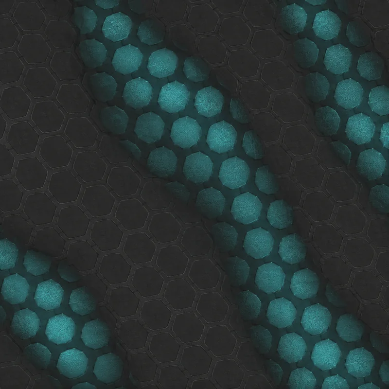 Shimmer camo in Black Ops 7 — glowing teal studs on a dark hex mesh