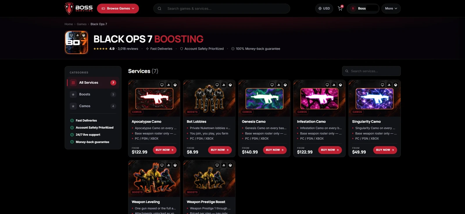 Step 2 — choose a service from the game's catalog