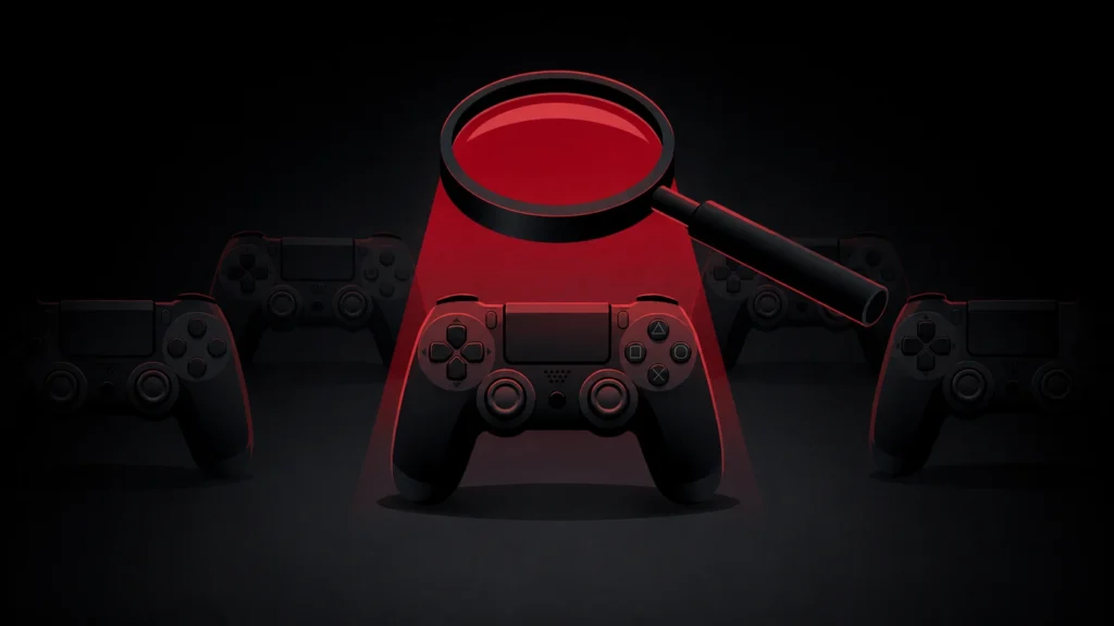 Illustration of a magnifying glass inspecting a game controller, representing vetting a game boosting service