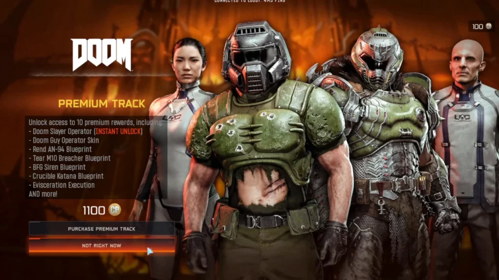 DOOM premium track purchase screen showing Doom Guy, Doom Slayer and the 1,100 COD Point price.