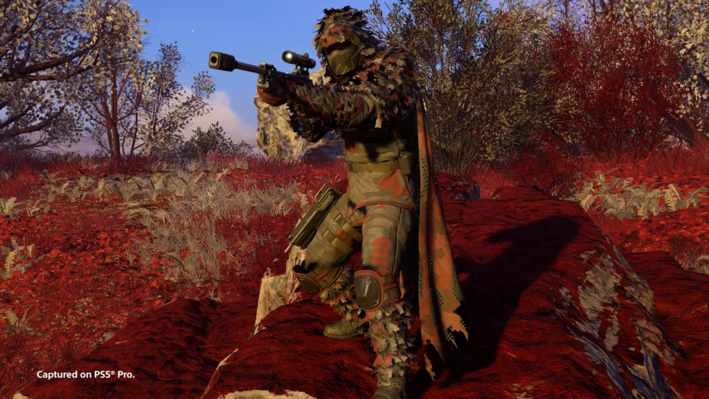 Official SS-33 Mimetic Marshal ghillie-style light armor shown against red foliage.