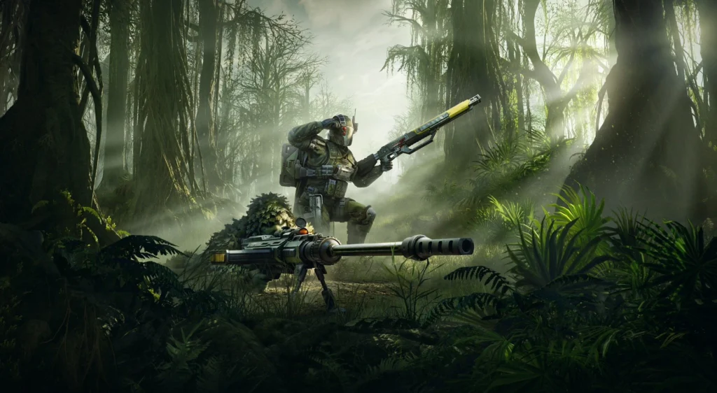 Official Scope of Authority artwork showing two Helldivers preparing a concealed firing position in a forest.