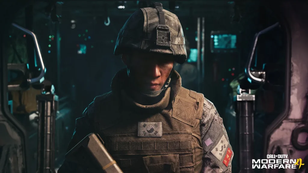 Official Modern Warfare 4 Campaign image showing a helmeted South Korean soldier inside a military vehicle.