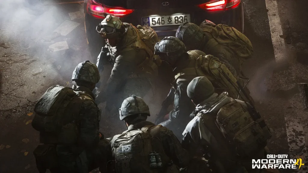 Official Modern Warfare 4 Campaign scene showing six soldiers sheltering behind a black car amid smoke.