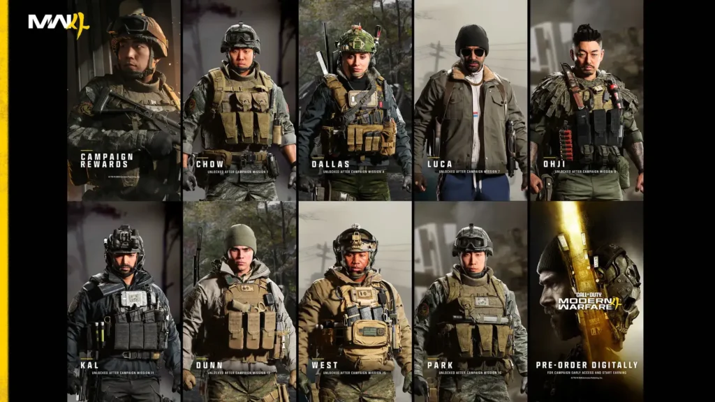 Official Modern Warfare 4 Campaign reward graphic showing eight labeled Operator portraits and their mission unlock numbers.