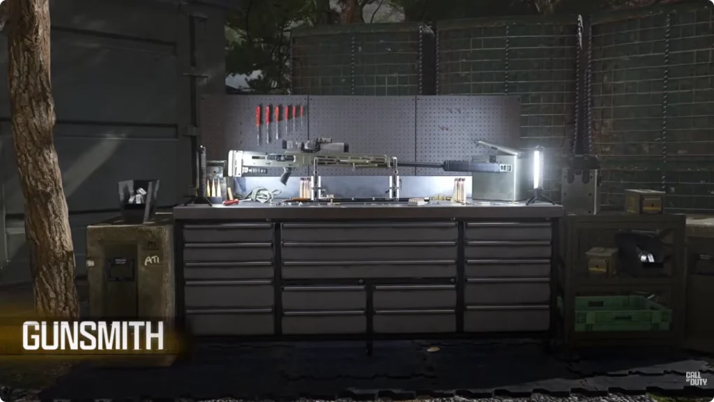 Official DMZ trailer frame showing the Gunsmith workbench at the Forward Operating Base.