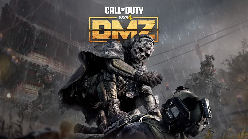 Official MW4 DMZ promotional artwork showing a skull-masked Operator and squad in a rainy city.
