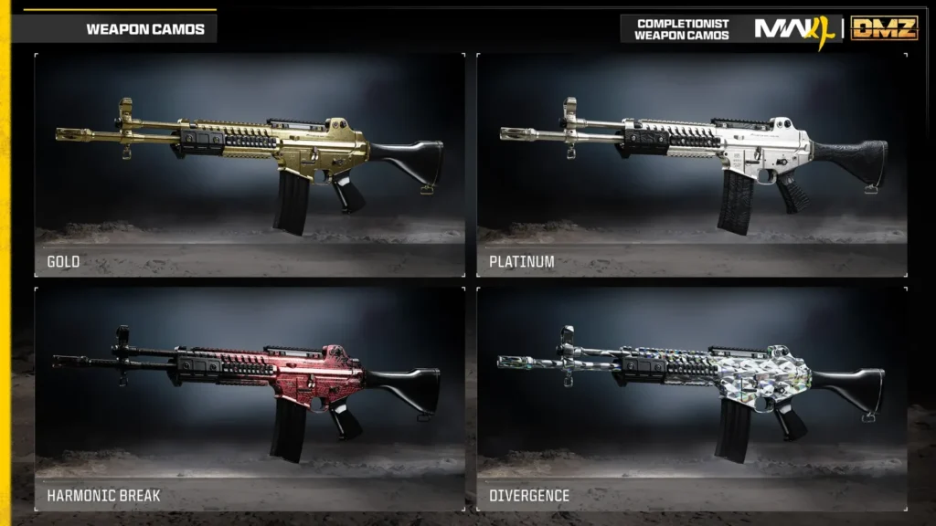 Four completionist weapon camos displayed on assault rifles: Gold, Platinum, Harmonic Break, and Divergence.