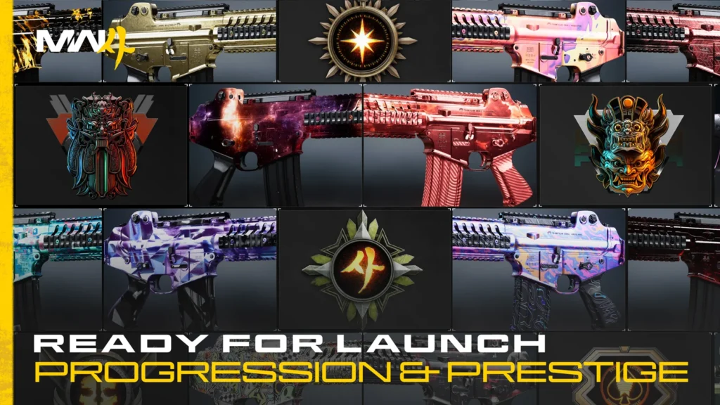 Promotional graphic displays weapon camos and Prestige emblems with the headline "Ready for Launch: Progression & Prestige."
