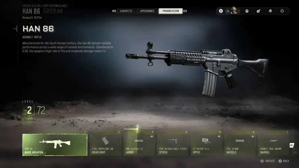 HAN 86 assault rifle progression screen displays weapon level 2 of 72 and a horizontal list of attachment unlocks.