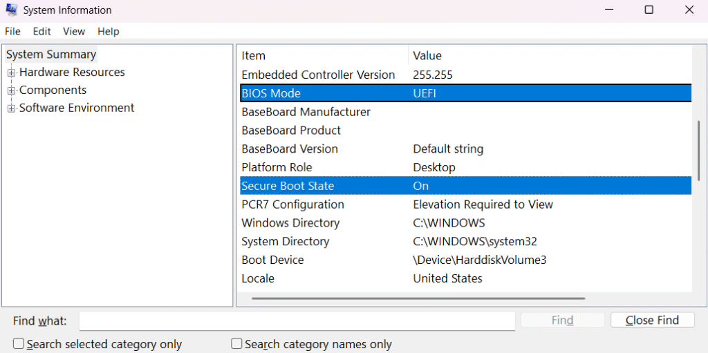 Official Activision Windows System Information example highlighting BIOS Mode UEFI and Secure Boot State On.