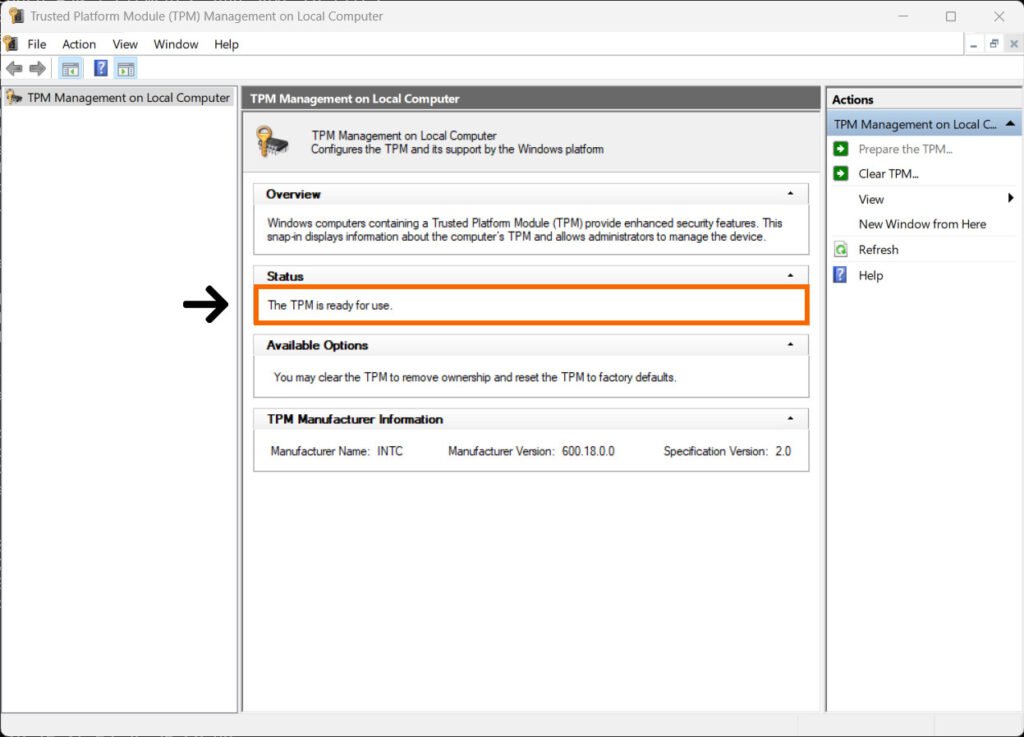 Official Activision TPM Management example showing ready-for-use status and Specification Version 2.0.